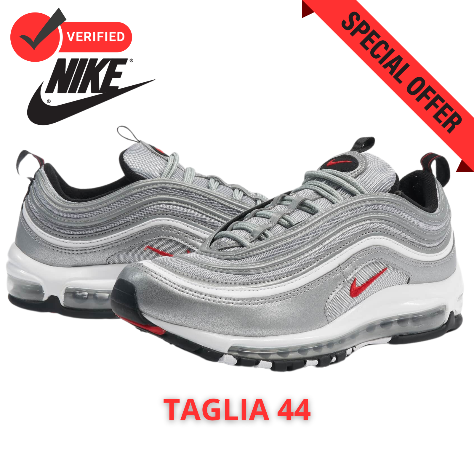 Nike Air Max 97 Silver Bullet Grigio Rosso Uomo Sneakers Originali Taglia 44