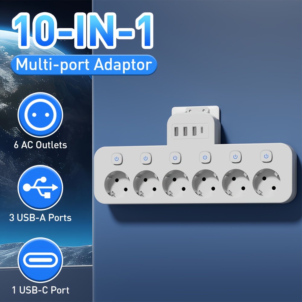 10-in-1 Multi-Function Wireless Converter, USB Socket Adapter with 6 AC Outlets, 3 USB Ports, 1 Type-C Port, Independent Multi-Switch Power Strip, - Image 2