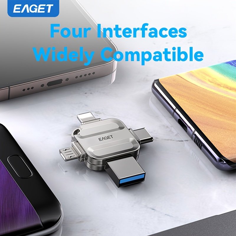 EAGET 4-In-1 High-Speed USB 3.0 Photo Stick Lightning Memory Stick for Iphone Storage, One-Click Backup, Works with for Iphone/Ipad/Mac/Pc/Android