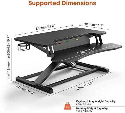PUTORSEN Sit-Stand Desk 32 Inch Standing Desk Converter with Keyboard Tray, Standing Desk Stand with Cup Holder and Board for Notes up to 15 kg, Black Amazon.it: Home & Kitchen - Image 3