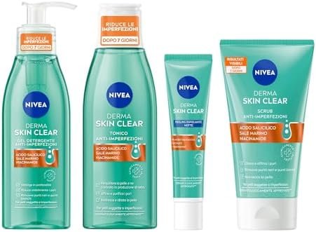 NIVEA Special Pack Derma Skin Clear Anti Blemishes, Face Cleansing Gel 150 ml + Night Peeling 40 ml + Face and Body Scrub 150 ml + Astringent Tonic 200 ml Amazon.it: Beauty