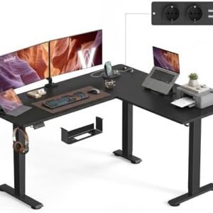 VASAGLE Height Adjustable Desk, 160 x 140 cm, L-Shaped Corner Desk, Standing Desk, 2 AC Sockets, 2 USB-A Ports, Power Strip Shelf, for Office, Black Ink LSD264BZ01  Amazon.it: Home & Kitchen
