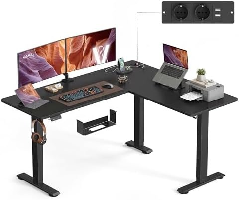 VASAGLE Height Adjustable Desk, 160 x 140 cm, L-Shaped Corner Desk, Standing Desk, 2 AC Sockets, 2 USB-A Ports, Power Strip Shelf, for Office, Black Ink LSD264BZ01 Amazon.it: Home & Kitchen