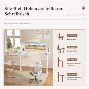 Klicelor L-Shaped Height Adjustable Electric Desk, 150 x 125 cm, Ergonomic Desk with 3 Memory Functions and Anti-Collision Technology, White  Amazon.it: Everything Else