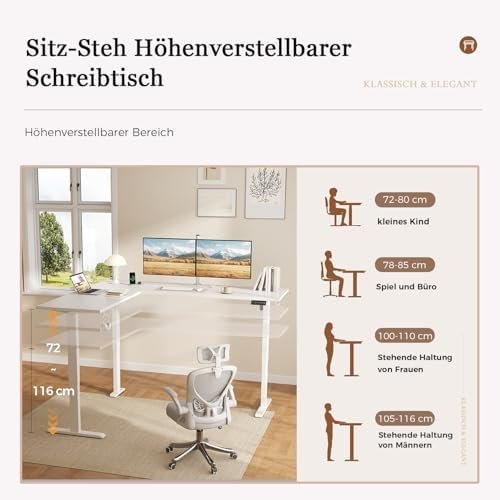Klicelor L-Shaped Height Adjustable Electric Desk, 150 x 125 cm, Ergonomic Desk with 3 Memory Functions and Anti-Collision Technology, White Amazon.it: Everything Else