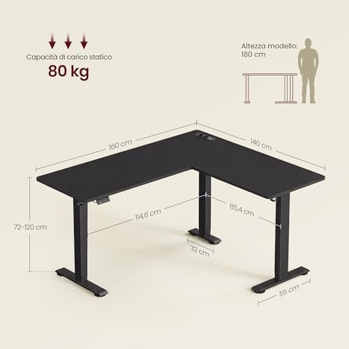 VASAGLE Height Adjustable Desk, 160 x 140 cm, L-Shaped Corner Desk, Standing Desk, 2 AC Sockets, 2 USB-A Ports, Power Strip Shelf, for Office, Black Ink LSD264BZ01 Amazon.it: Home & Kitchen - Image 3