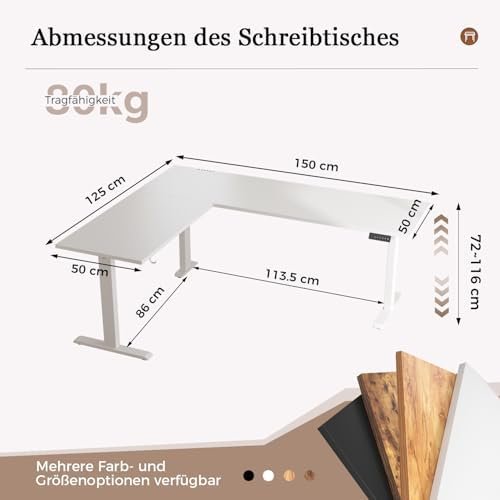 Klicelor L-Shaped Height Adjustable Electric Desk, 150 x 125 cm, Ergonomic Desk with 3 Memory Functions and Anti-Collision Technology, White Amazon.it: Everything Else - Image 2