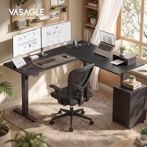 VASAGLE Height Adjustable Desk, 160 x 140 cm, L-Shaped Corner Desk, Standing Desk, 2 AC Sockets, 2 USB-A Ports, Power Strip Shelf, for Office, Black Ink LSD264BZ01 Amazon.it: Home & Kitchen - Image 2