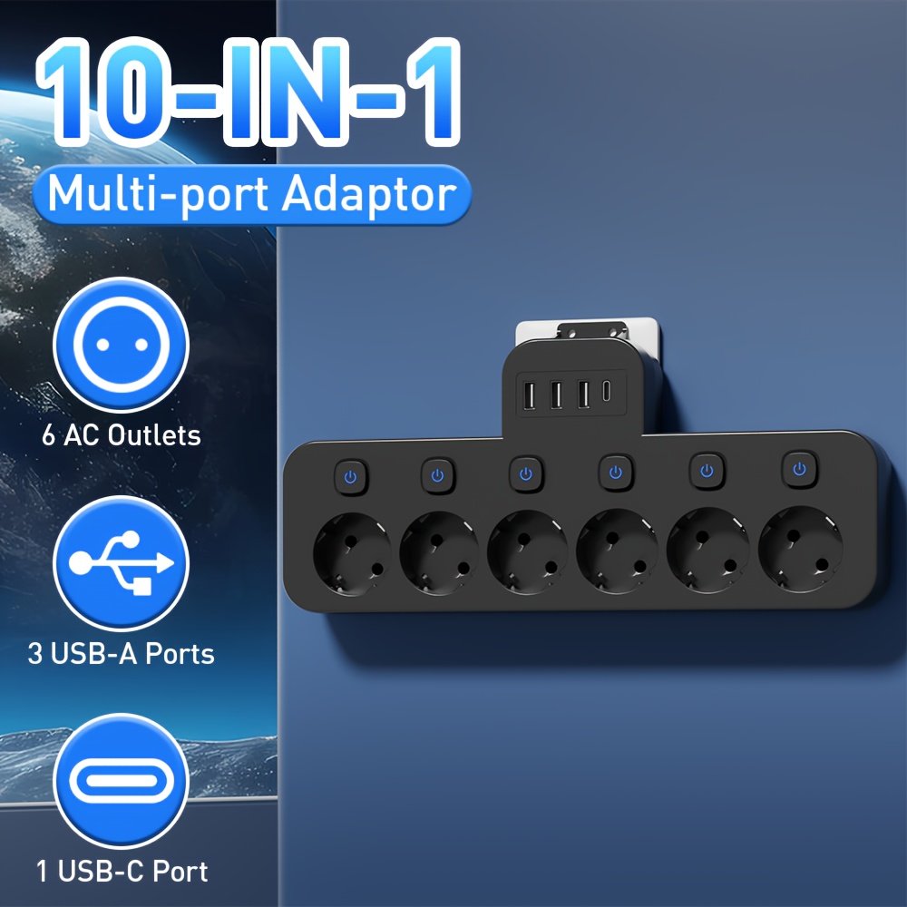 10-in-1 Multi-Function Wireless Converter, USB Socket Adapter with 6 AC Outlets, 3 USB Ports, 1 Type-C Port, Independent Multi-Switch Power Strip, - Image 9