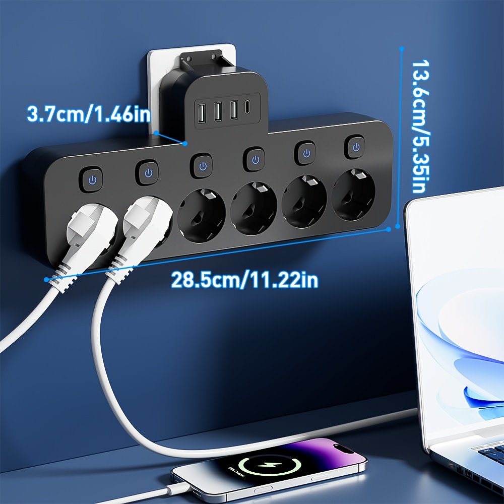 10-in-1 Multi-Function Wireless Converter, USB Socket Adapter with 6 AC Outlets, 3 USB Ports, 1 Type-C Port, Independent Multi-Switch Power Strip, - Image 4