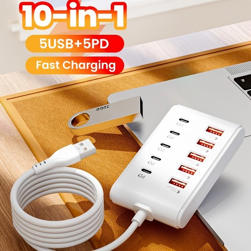 2026 New Model with 10 Ports: 5 Type-C PD And 5 USB-A Interfaces, Suitable for Laptops, Tablets, And Multiple Devices. A Compact Power Hub