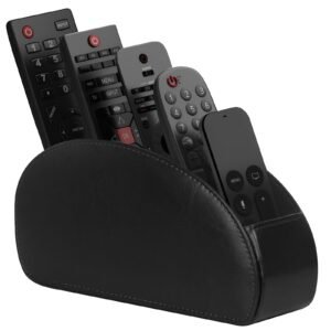 Remote Control Holder with 5 Compartments - Black Faux Leather Remote Caddy for TV, DVD, Blu-Ray, Media Player, And Heater Control..