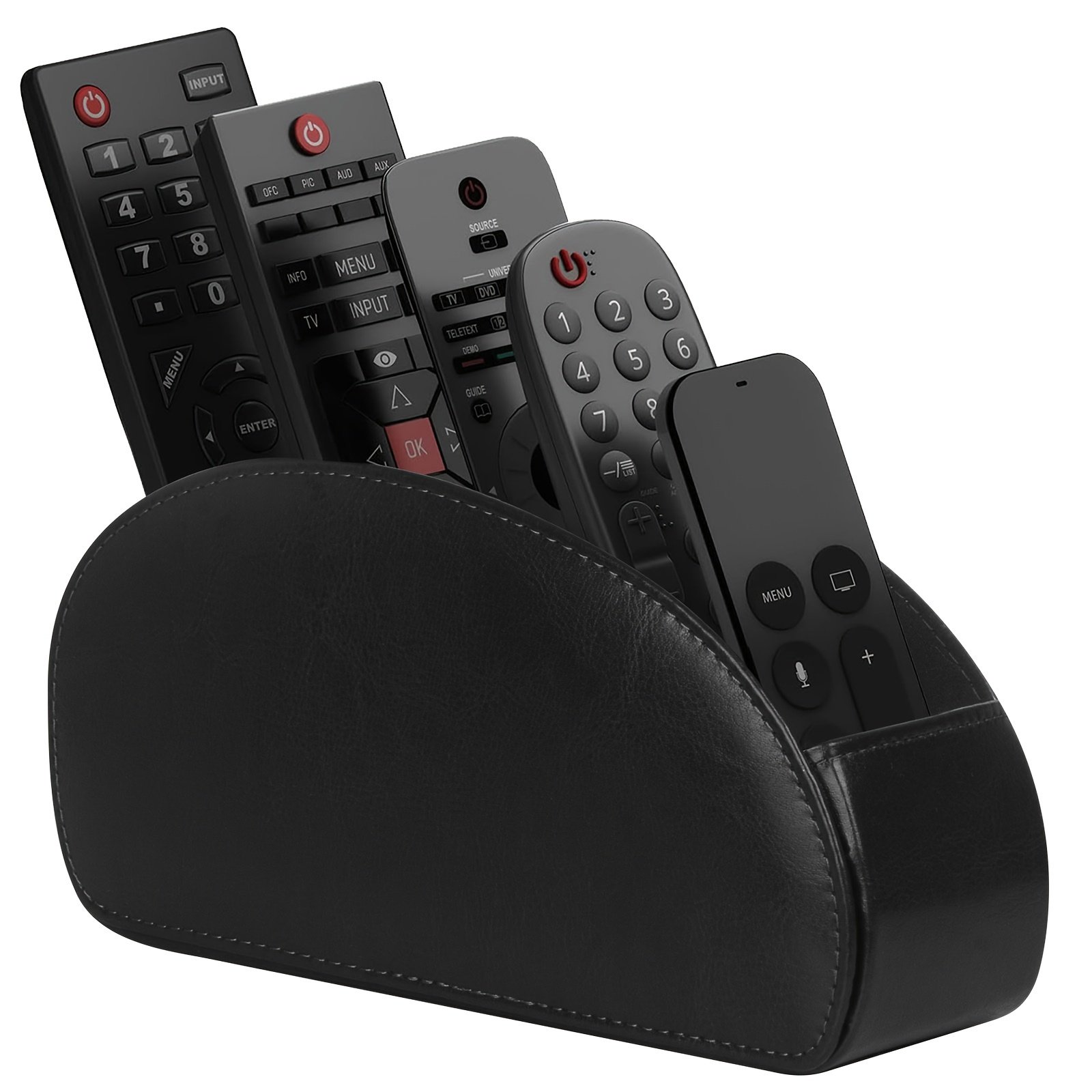 Remote Control Holder with 5 Compartments - Black Faux Leather Remote Caddy for TV, DVD, Blu-Ray, Media Player, And Heater Control..